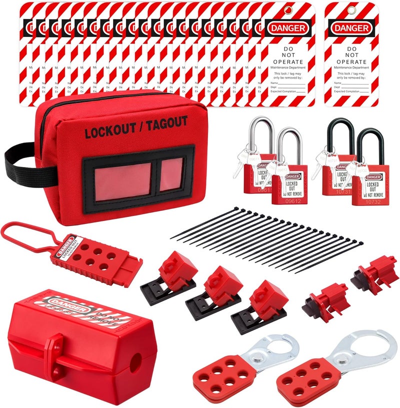SATTRON Lockout Tagout Kit Electrical Loto: Lockout Hasps, Safety Padlocks, Plug Lockout, Clamp On and Universal Multipole Circuit Breaker Lockouts, Lockout Tags, Nylon Zip Ties, Red Carrying Bag for Safety - Image 1